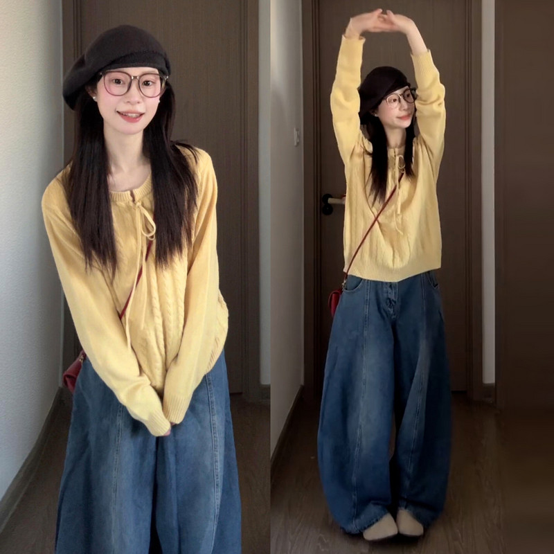 品牌正品女装衣服断码特价清仓 不退换-黄色V领毛衣针织衫女春秋