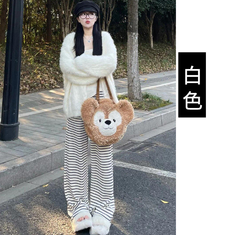 品牌折扣正品女装断码清仓特价不能退换白色条纹毛巾裤女秋冬新款