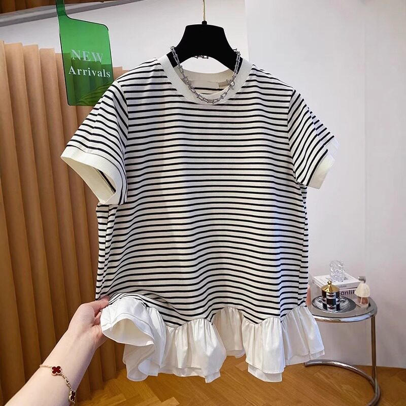 品牌折扣正品女装断码清仓特价不能退换大码荷叶边条纹短袖T恤女