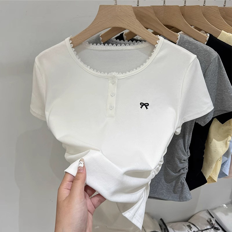 品牌折扣正品女装断码清仓特价不能退换蝴蝶结灰色高级感短袖T恤