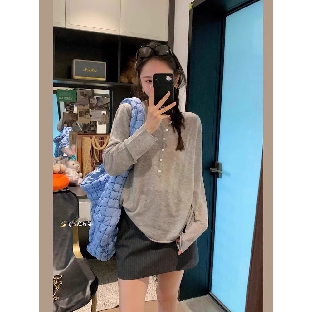 品牌正品女装衣服断码特价清仓 不退换-欧货半开领冰丝面膜长袖T