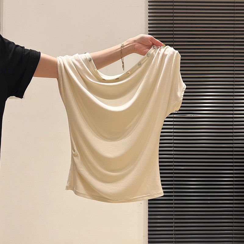 品牌折扣正品女装断码清仓特价不能退换杏色荡领褶皱一字露肩短袖