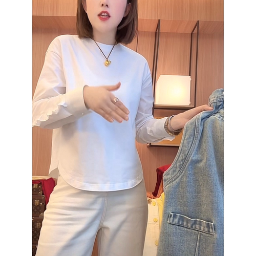品牌折扣正品女装断码清仓特价不能退换欧货木耳边拼接长袖T恤