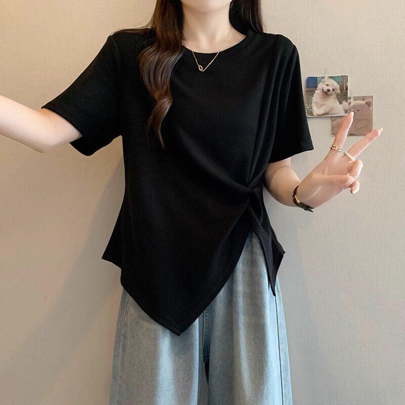 品牌正品女装衣服断码特价清仓 不接受退换-黑色大码不规则短袖