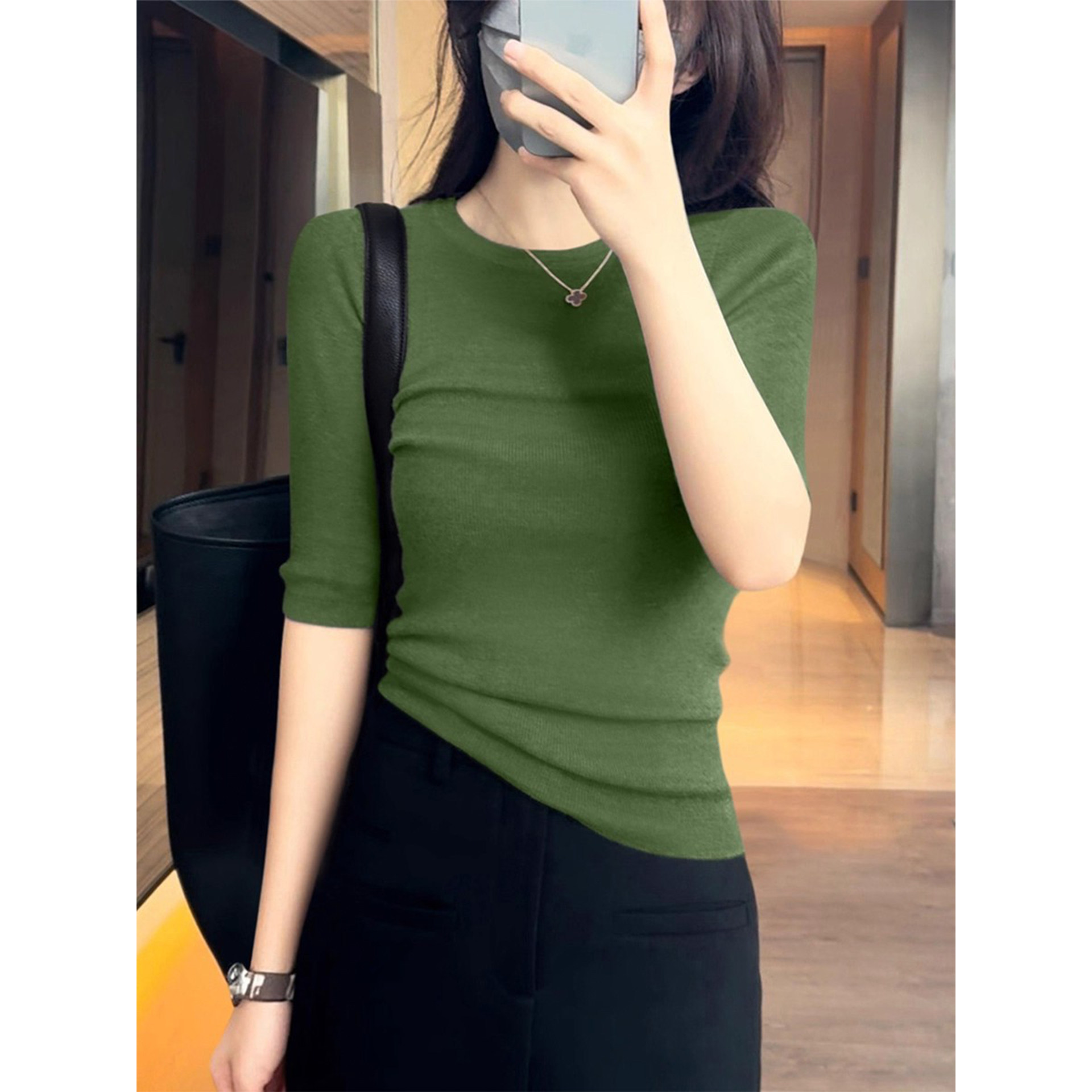 品牌折扣正品女装断码清仓特价不能退换绿色圆领五分袖针织衫女秋