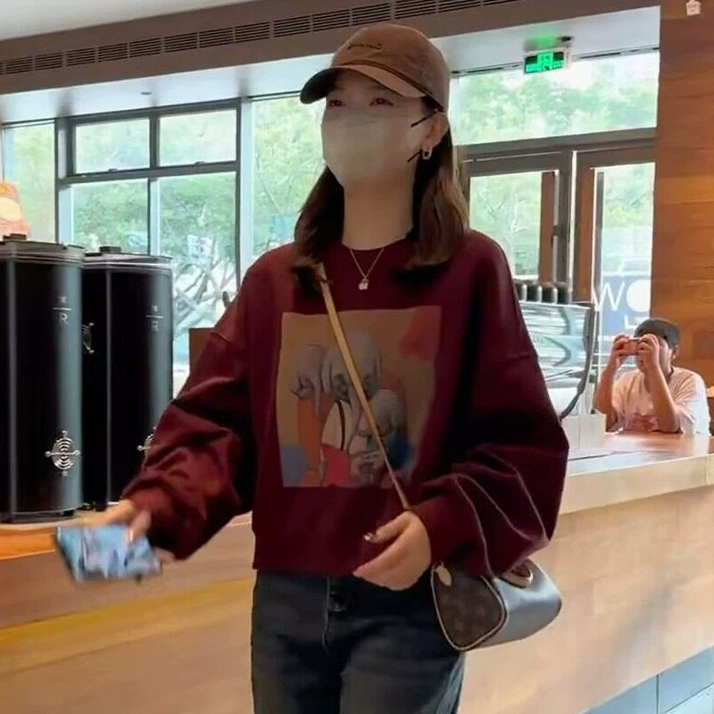 品牌折扣正品女装断码清仓特价不能退换酒红色圆领短款卫衣女