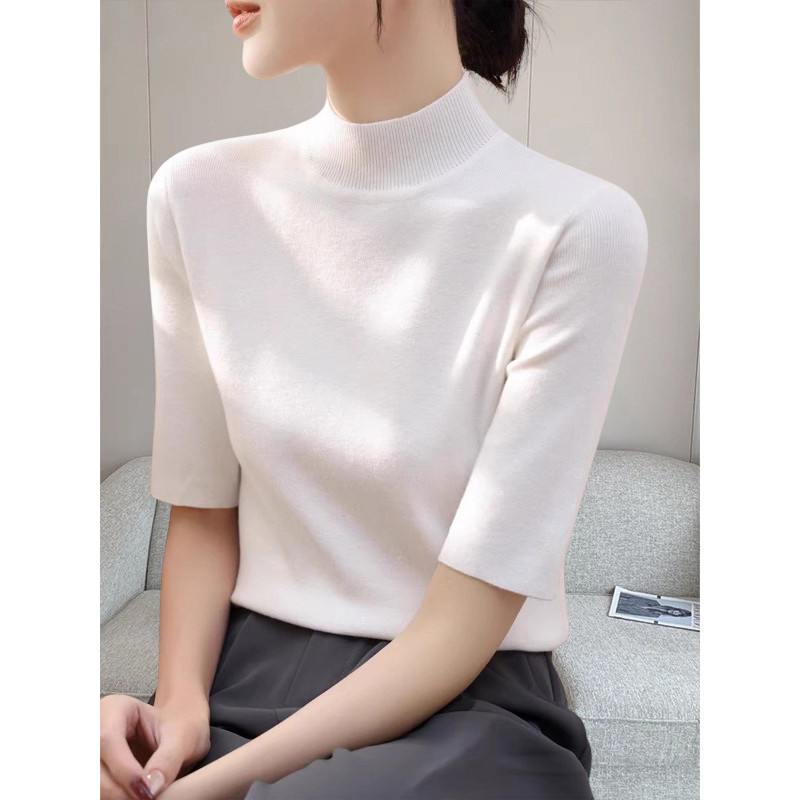 品牌折扣正品女装断码清仓特价不能退换白色半高领五分袖针织衫女
