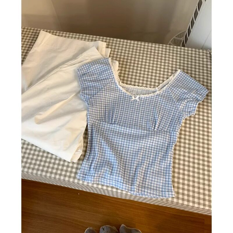 品牌折扣正品女装断码清仓特价不能退换短款格子蝴蝶结无袖T恤女