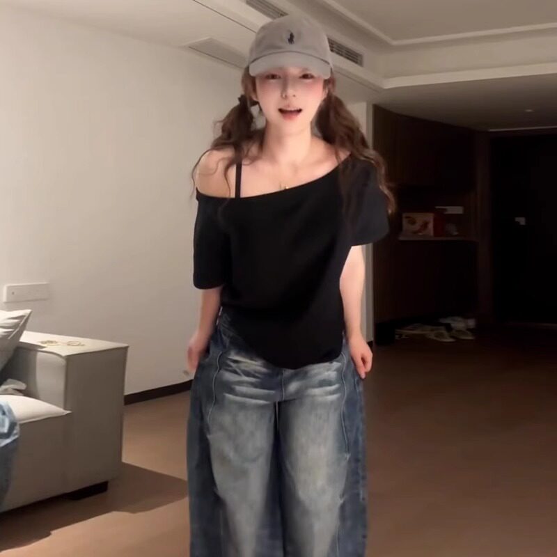 品牌折扣正品女装断码清仓特价不能退换斜肩黑色露肩短袖T恤