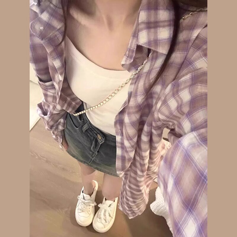 品牌折扣正品女装断码清仓特价不能退换美式复古紫色格子衬衫女