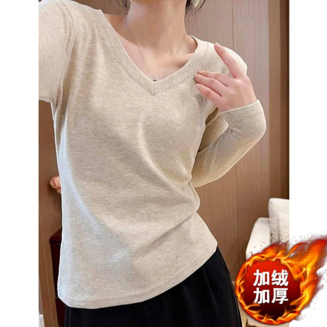 品牌折扣正品女装断码清仓特价不能退换加绒加厚V领打底衫女秋冬