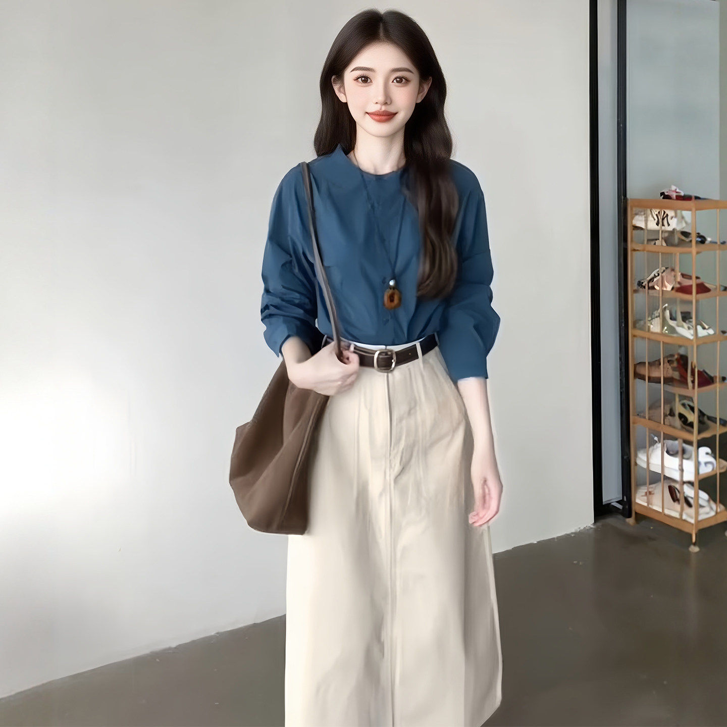 品牌折扣正品女装断码清仓特价不能退换法式雾霾蓝长袖衬衫女秋季