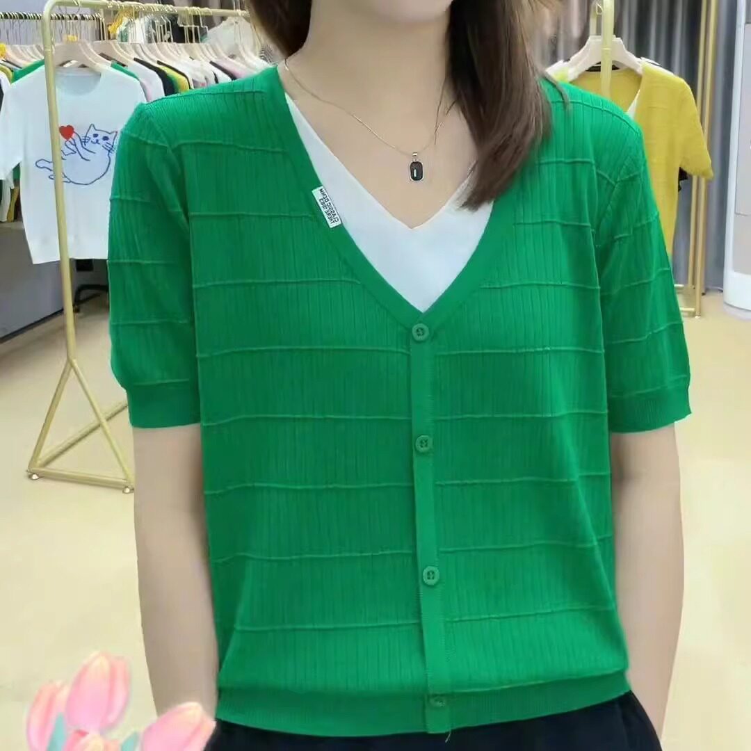 品牌折扣正品女装断码清仓特价不能退换绿色v领冰丝针织短袖T恤女