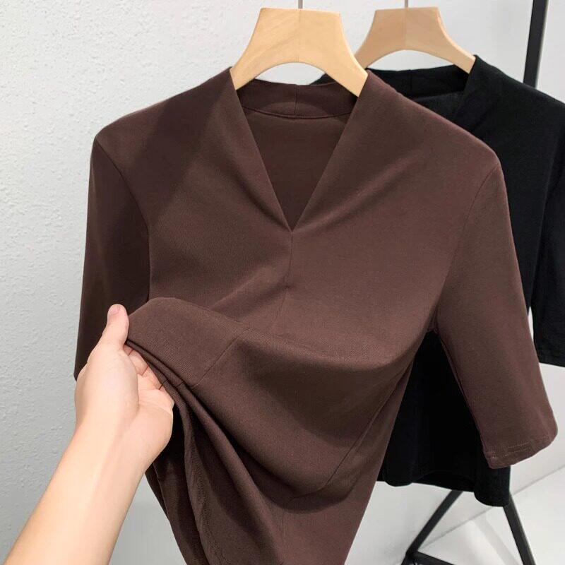 品牌折扣正品女装断码清仓特价不能退换咖色v领五分袖T恤女秋季新