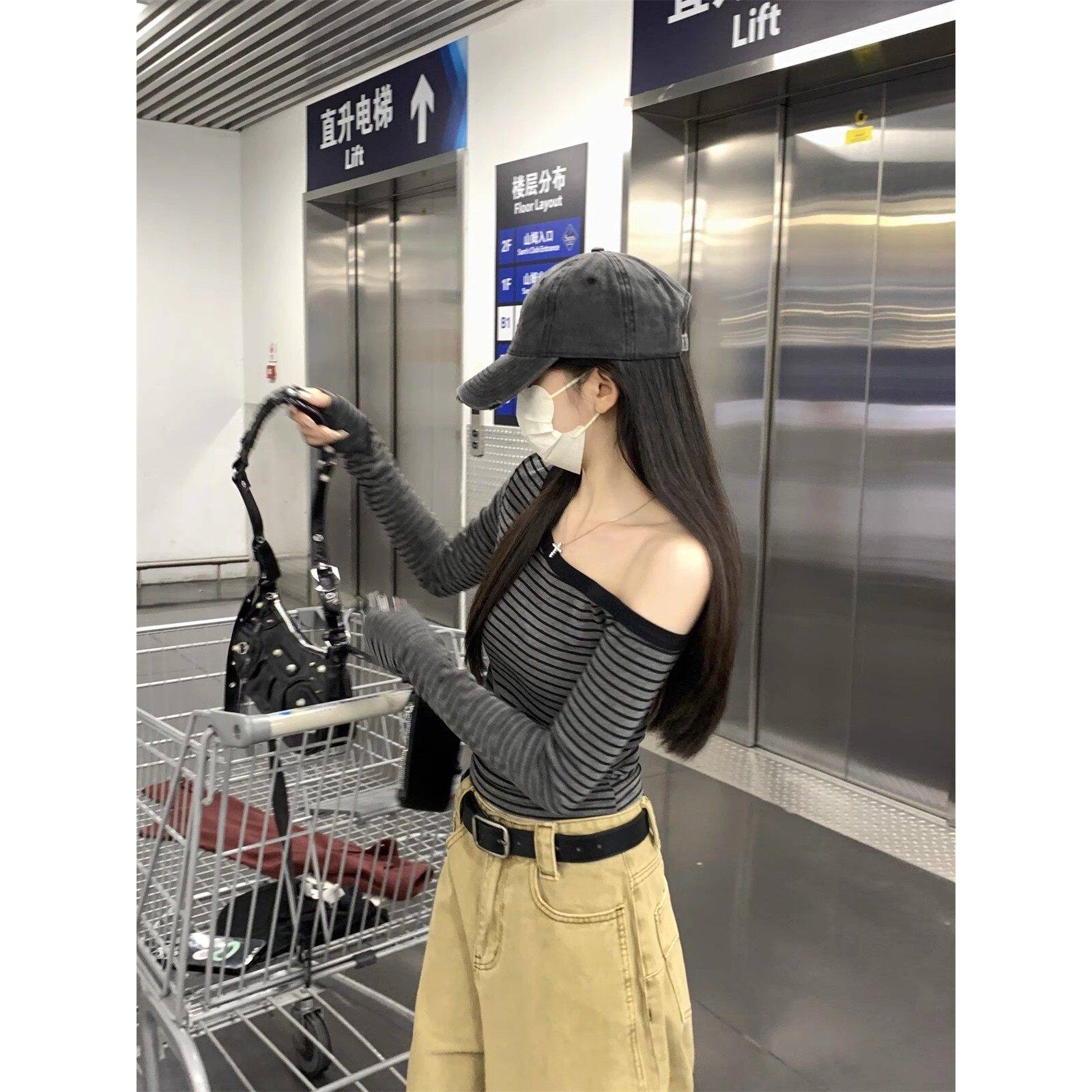 品牌正品女装衣服断码特价清仓 不退换-欧货条纹一字肩长袖T恤女