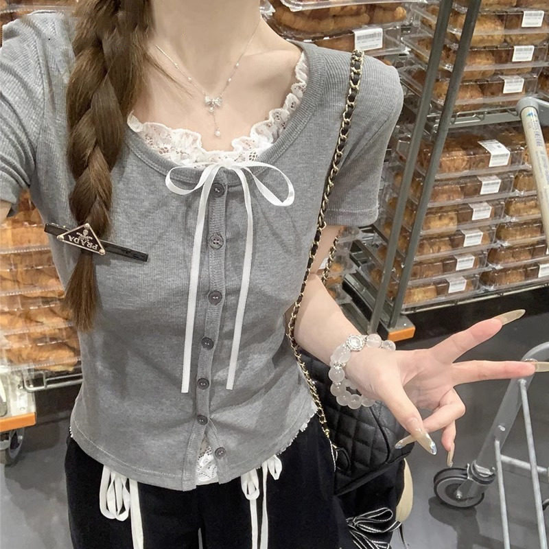 品牌折扣正品女装断码清仓特价不能退换蕾丝假两件短袖T恤女夏季