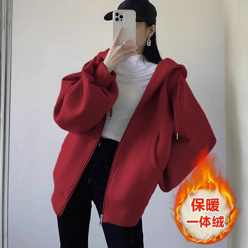 品牌折扣正品女装断码清仓特价不能退换酒红色卫衣外套女2026
