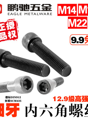 EG鹏驰12.9级高强度细牙内六角螺丝M14M18M22杯头全丝栓黑色包邮