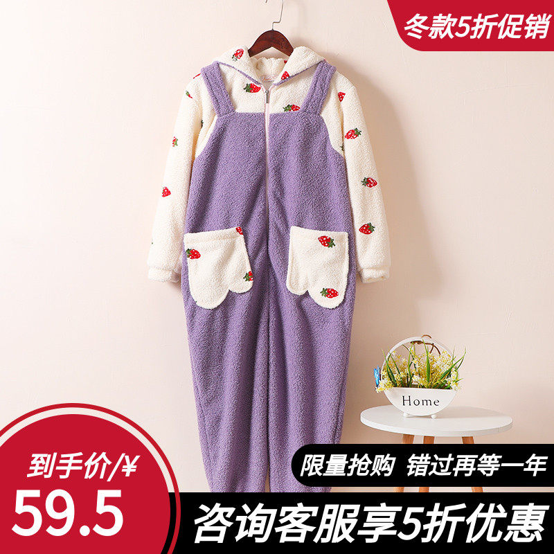 珊瑚绒连体睡衣女秋冬季萌萌可爱冬天卡通动漫加绒加厚草莓家居服