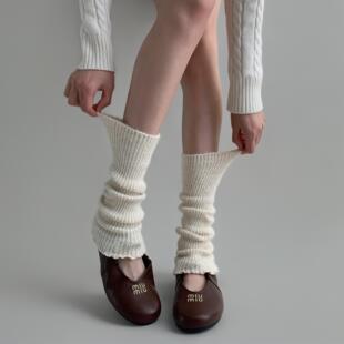 夜间教习室白色袜套女夏薄款针织竖条纹木耳边堆堆百搭jk中筒腿套