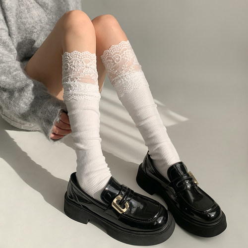 夜间教习室蕾丝袜子花边拼接小腿袜女春夏白色中筒袜jk堆堆袜春秋