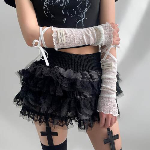 夜间教习室袖套女夏薄蕾丝花边蝴蝶结y2k亚文化防晒手套绑带臂套