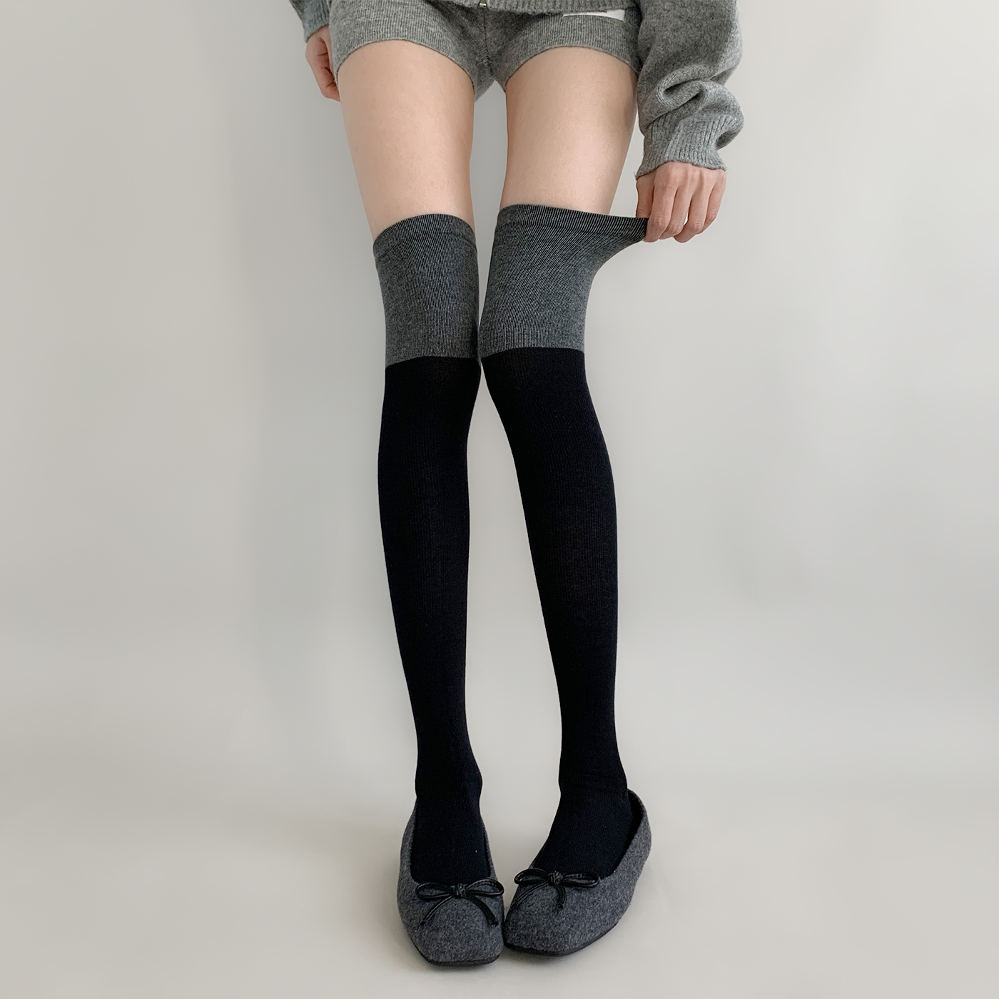 夜间教习室过膝袜女秋冬黑拼灰长筒袜百搭高个子加长日系jk大腿袜