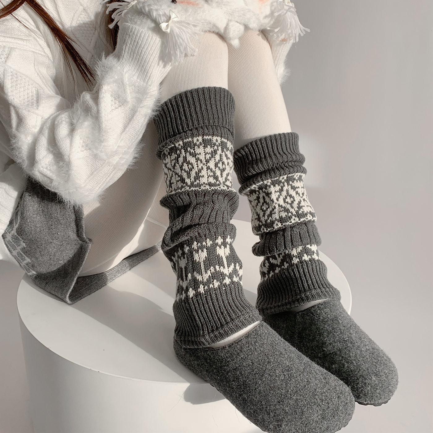 夜间教习室针织袜套冬季毛线袜子中筒灰色堆堆袜女秋冬复古小腿套
