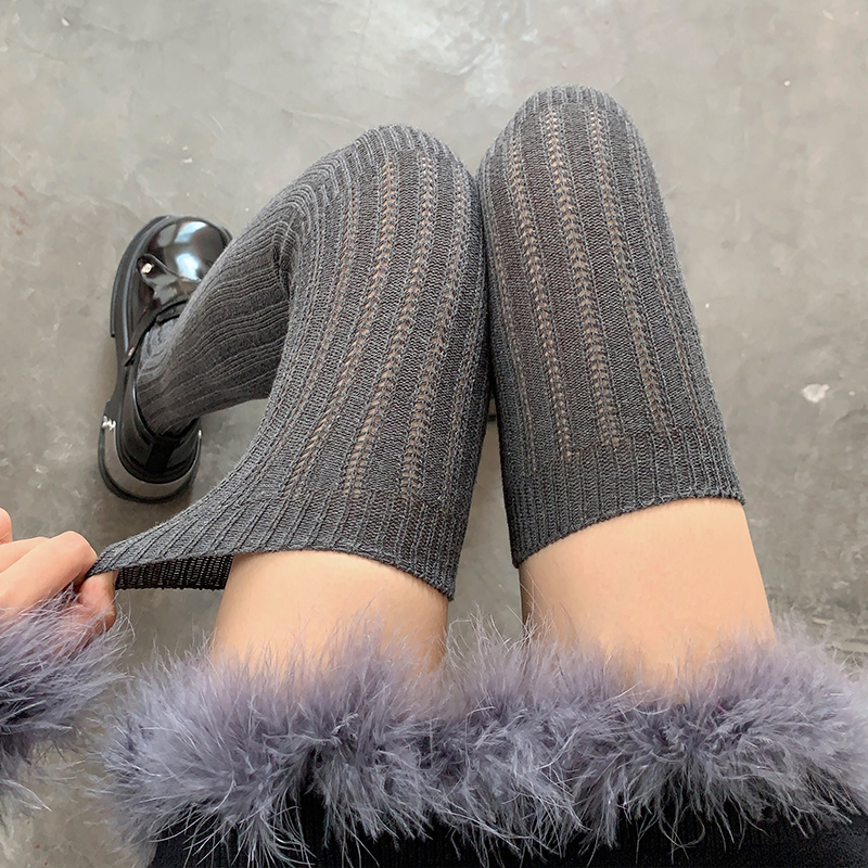 夜间教习室大腿袜加厚保暖长筒灰色袜子女秋款镂空日系拼接过膝袜