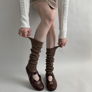 夜间教习室踩脚袜套女夏薄款咖色中筒堆堆袜子竖纹针织露趾小腿套