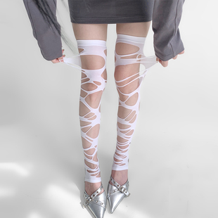 夜间教习室渔网袜女白色不规则破洞丝袜y2k万圣节穿搭过膝长筒袜