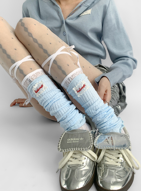 夜间教习室蓝色袜套蕾丝花边布标中筒针织堆堆袜女夏季蕾丝绑带袜