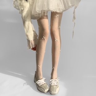 夜间教习室珍珠丝袜女春秋薄款 袜jk美腿白丝 0d透肤蝴蝶结白色连裤