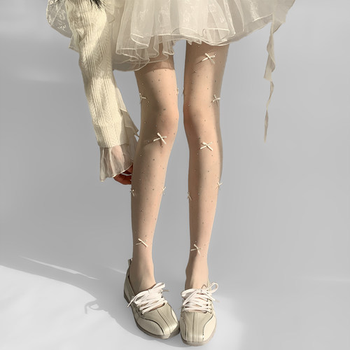 夜间教习室珍珠丝袜女春秋薄款0d透肤蝴蝶结白色连裤袜jk美腿白丝