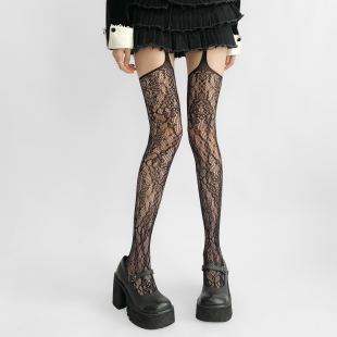 夜间教习室吊带丝袜女春纯欲性感黑色提花连裤 袜蕾丝镂空渔网袜子