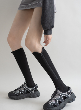 夜间教习室黑色中筒袜子女春薄款运动侧边拉链简约显瘦压力小腿袜