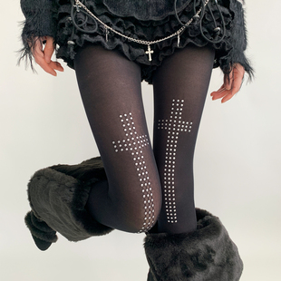 袜朋克辣妹jk性感黑丝 烫钻十字架连裤 夜间教习室黑色丝袜女款 春款