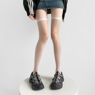 夜间教习室渔网袜女夏薄款纯欲白色镂空长筒网格丝袜性感过膝袜子