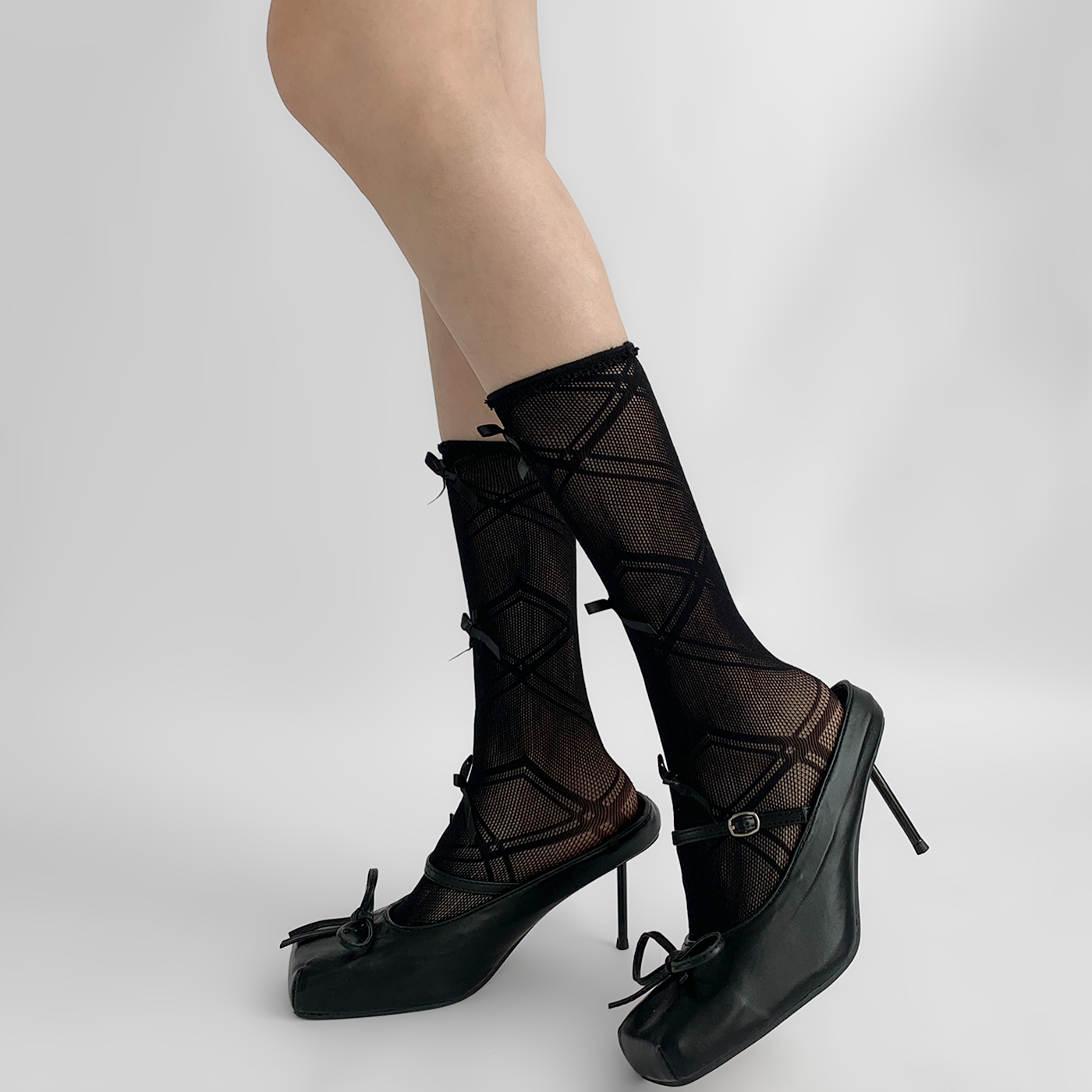 夜间教习室条纹蝴蝶结透气小腿袜