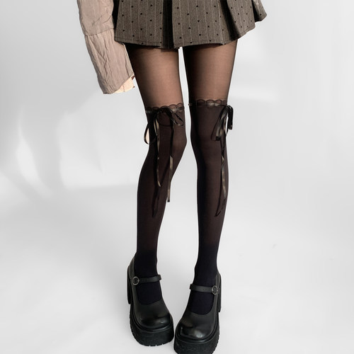 夜间教习室拼接连裤袜春款假两件绑带蝴蝶结长筒袜性感黑色丝袜女