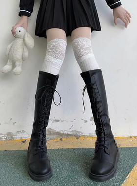配靴子的蕾丝长筒过膝袜女春秋款白色jk小腿袜ins袜子中筒lolita