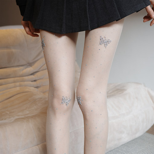 夜间教习室丝袜女春款立体蝴蝶烫钻连裤袜性感薄款美肤袜纯欲白丝