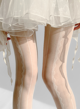 夜间教习室白色丝袜春款蕾丝竖条纹美腿连裤袜性感超薄春秋款白丝