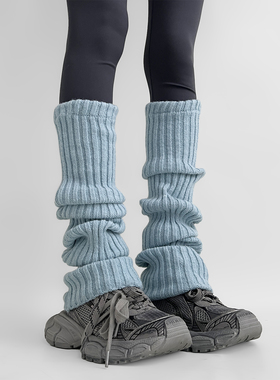 夜间教习室过膝袜套冬季保暖穿搭坑条针织长筒蓝色中筒堆堆袜腿套