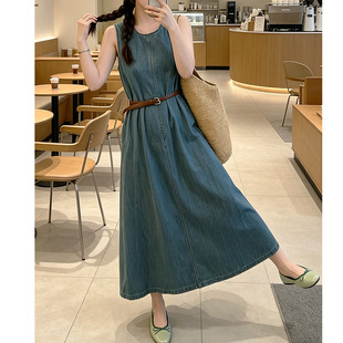 浅美/韩国夏仿旧纯棉牛仔长裙背心连衣裙2026夏裙子韩系女装薄款