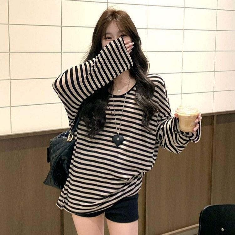 韩系复古条纹宽松长袖t恤女秋冬2025新款显瘦打底衫女装上衣