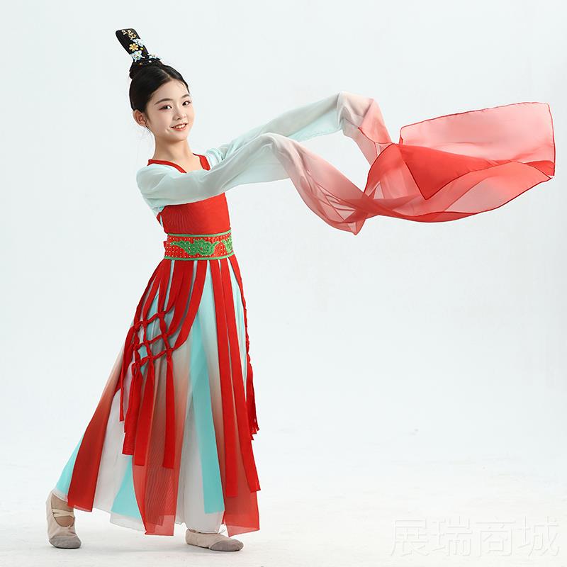 高档楚鼓声声书简舞少儿袖舞蹈服汉唐舞国风典古舞演出服女童群飘图片