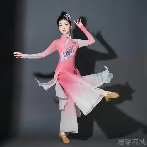 高档儿童古国舞演出服中飘逸风扇子舞伞舞小城谣中国舞典绣花表演