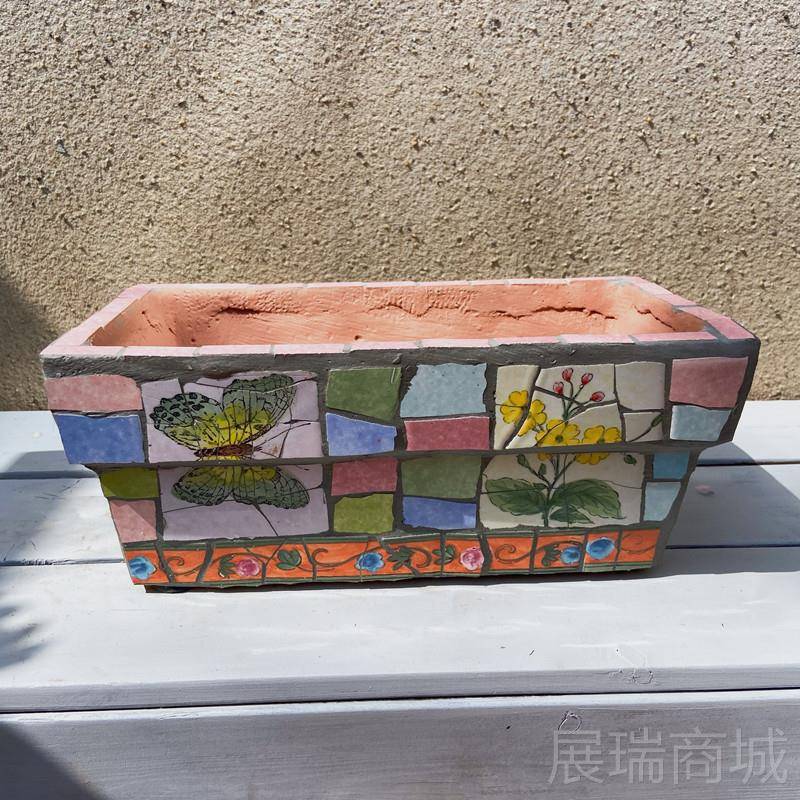 高档玫瑰小镇 原花创特色方庭院阳台长盆花摆件 彩绘陶器瓷马赛克