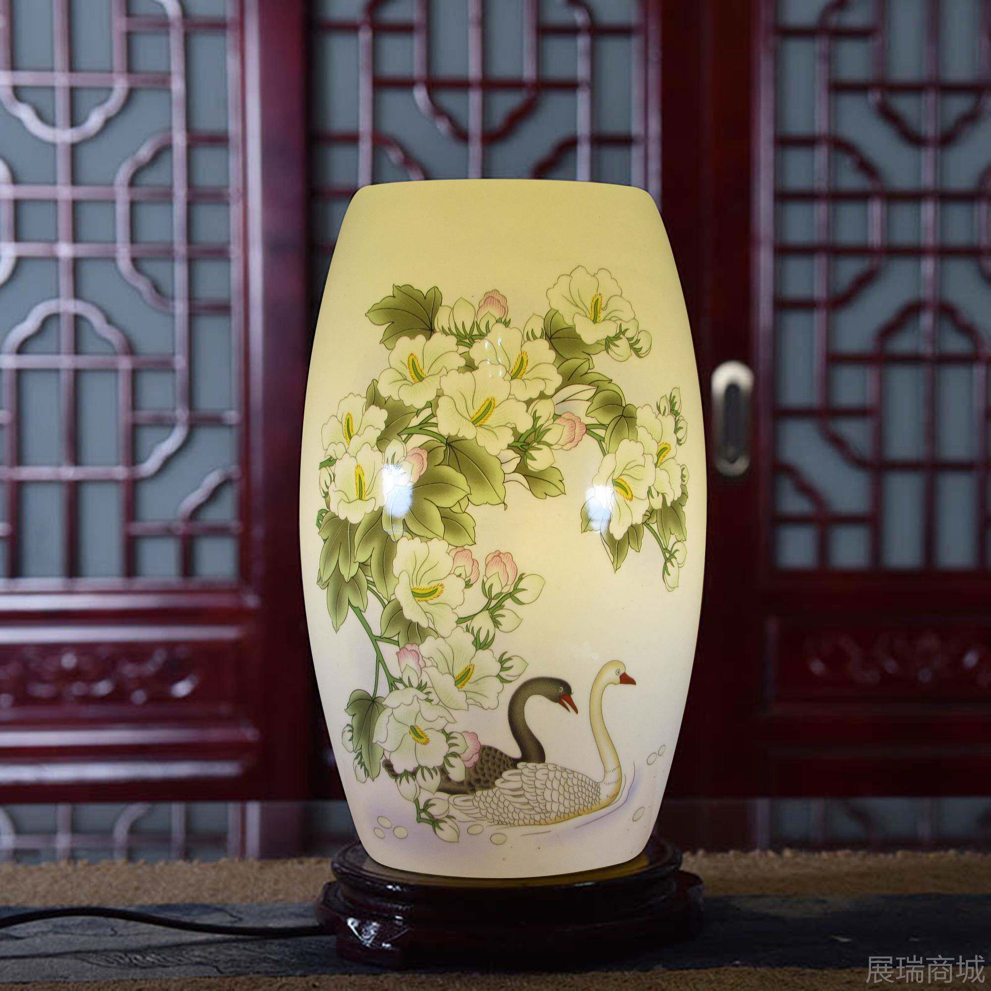 高档现头代中式灯具景德镇薄胎陶瓷台灯复古台床灯青典花瓷粉彩陶